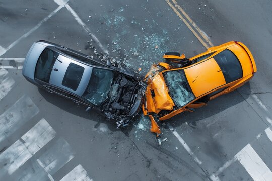 Overhead View of Severely Damaged Cars Post-Collision. Two cars collide in a serious accident on a city street, showcasing significant damage and debris