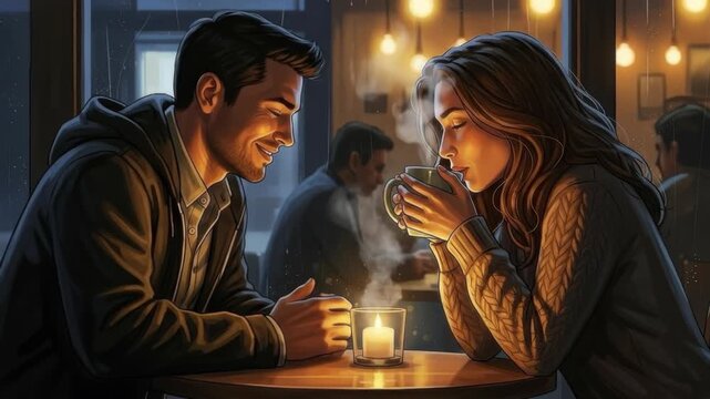 Couple Laughing and Drinking Coffee Together.