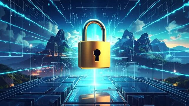Digital security concept with golden padlock floating above a futuristic circuit board landscape.