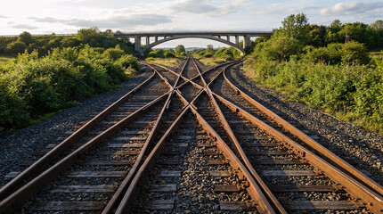 Fototapeta premium A serene landscape of multiple railroad tracks converging under a bridge in a natural setting