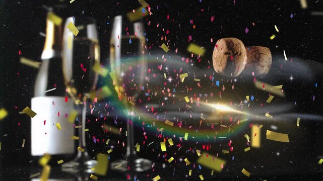 Animation of stars and confetti over glasses of champagne