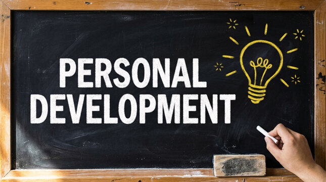 A hand writes on a chalkboard with a lightbulb and the words personal development.