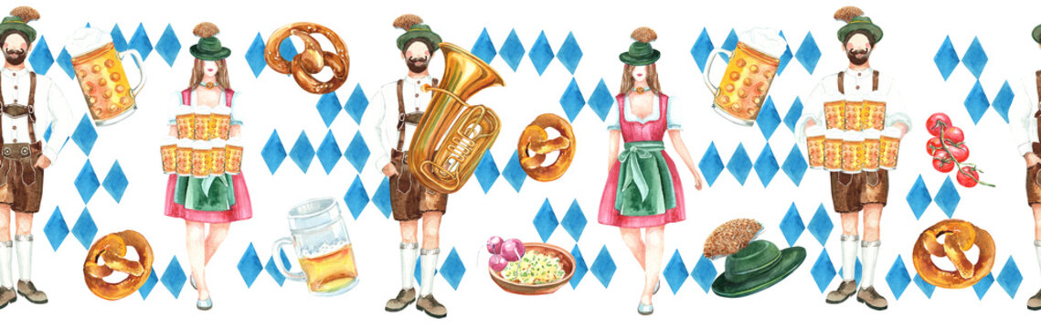 Beer festival seamless boarder with pretzel, euphonium, tomatoes, obadzda, bavarian hut. Bavarian girl in dirndle, bavarian ma n in lederhosen holding several beer steins, Watercolor illustration.