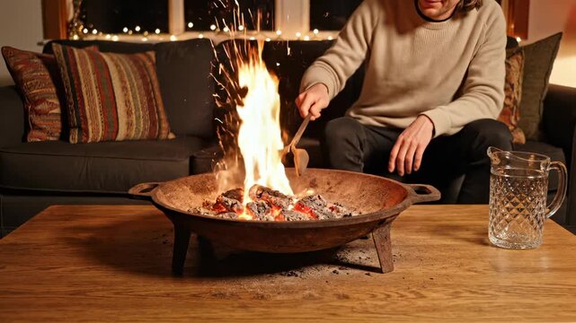Person stokes fire bowl on wooden table with glowing coals indoors. Fire pit creates cozy atmosphere with flames. Indoor fire bowl burns on table. Person tends fire with wooden poker near cozy sofa.