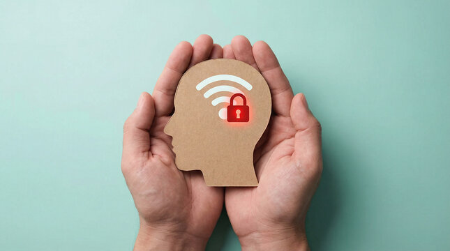 A person holds a cardboard cutout of a head with a padlock and Wi-Fi symbol on a teal background.