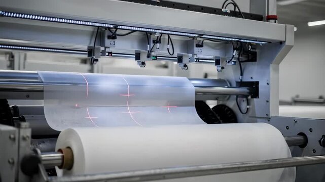 Medium shot showing nonwoven fabric moving under a hightech camera inspection system detecting structural inconsistencies and marking imperfections efficiently.