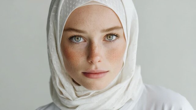 Close-up of a beautiful young woman with prominent freckles wearing a white patterned hijab, natural and elegant expression