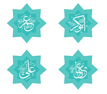 four khulafa e rashideen names arabic calligraphy white text vector design art on white background