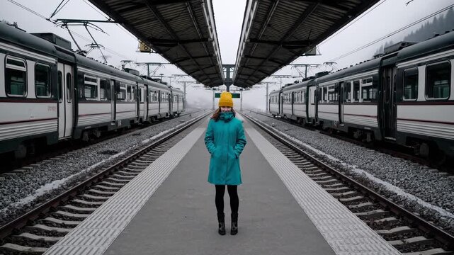Woman in blue coat standing alone on train station platform. Train lines stretch in symmetry. Woman waiting for travel in winter coat. Station quiet, woman stands alone as motion pauses before travel