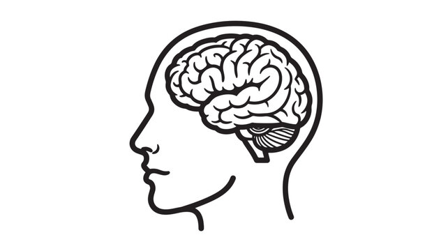 Brain anatomy icon inside human head profile with bold black outline, minimal line art style for neuroscience, psychology, medical education and healthcare infographics