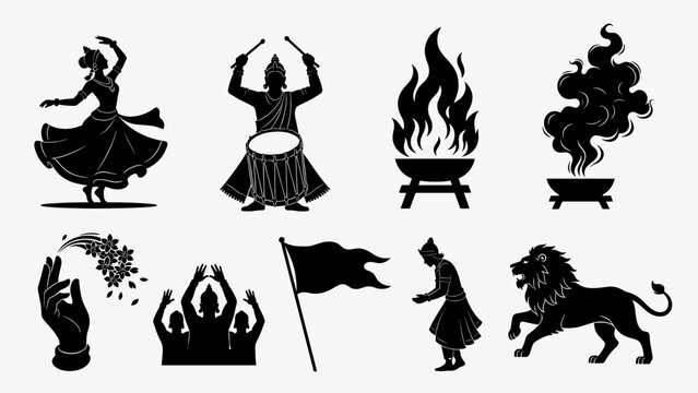 Maha Ashtami vector design elements showing silhouettes of Indian festival culture with dhak player, classical dancer, havan fire, flower offering, and lion vehicle of Goddess Durga.