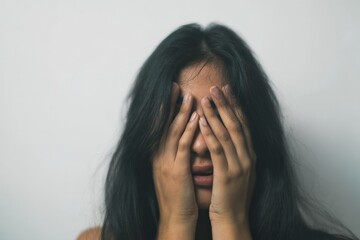 Fototapeta premium Young asian female covering face with hands against neutral background