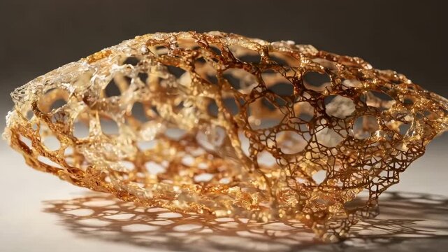 Closeup medium shot revealing the delicate lattice structure of an airy snack emphasizing the light and crispy pattern with shadow play.