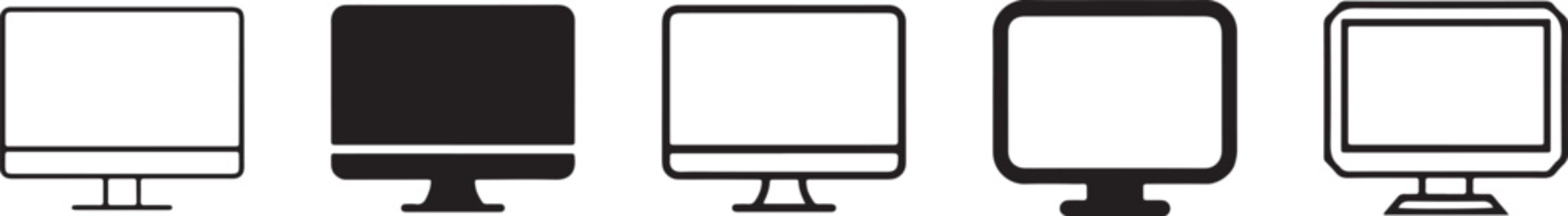 A row of five computer monitor icons with one icon highlighted in solid black against a white background.