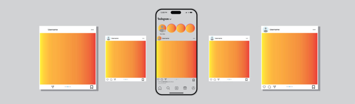 Instagram mobile phone social network posts layout template. Instagram social Media pages, carousel, story Mockup: A modern mobile phone mockup with a carousel. Instagram social network app UI interfa