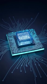 An Intricate Look at a Modern Microprocessor with Glowing Circuitry, Highlighting Advanced Technology and Circuit Design in a Dark Ambient Environment