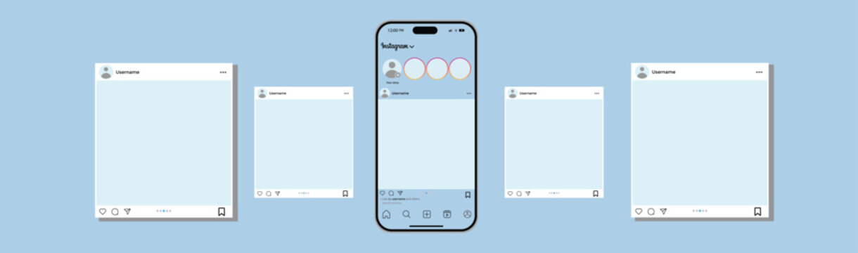Instagram mobile phone social network posts layout template. Instagram social Media pages, carousel, story Mockup: A modern mobile phone mockup with a carousel. Instagram social network app UI interfa