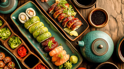 japanese food sushi with chopsticks table with variety of Asian dishes sushi rolls