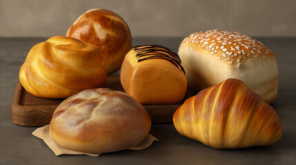 bread in a bakery display with croissants bread