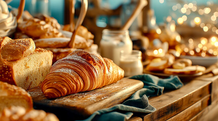 bread in a bakery display with croissants bread
