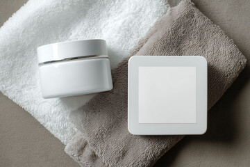 photograph arranging bottles of luxurious skin cream.