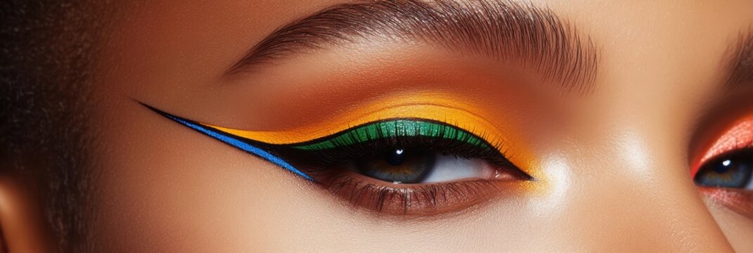Graphic eyeliner trends with colorful eyeshadow showcased in a minimal layout