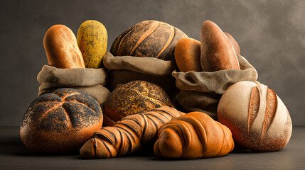 bread in a bakery display with croissants bread