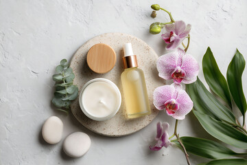 Flat lay of luxury cosmetic cream jar and square box with blank label on spa towel, ready for skincare brand mockup