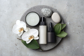 Flat lay of luxury cosmetic cream jar and square box with blank label on spa towel, ready for skincare brand mockup