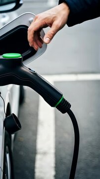 Charging an Electric Vehicle: A Hand Connects a Charging Cable to the Electric Car, Highlighting the Transition to Eco-Friendly Transportation Solutions