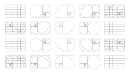 Golden ratio templates set. Fibonacci array, numbers forms. Method golden section flat samples collection. Golden Spiral. Harmony proportions black frames. Outline thin graphic printable illustration.