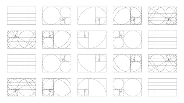 Golden ratio templates set. Fibonacci array, numbers forms. Method golden section flat samples collection. Golden Spiral. Harmony proportions black frames. Outline thin graphic printable illustration.