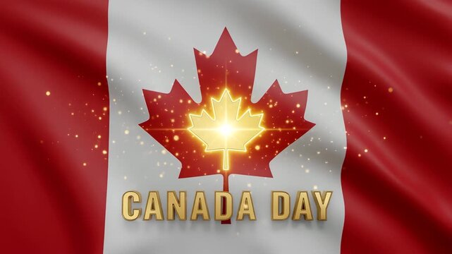 Canada Day celebration golden text and glowing maple leaf on waving flag background 4K Ai HD high quality video.