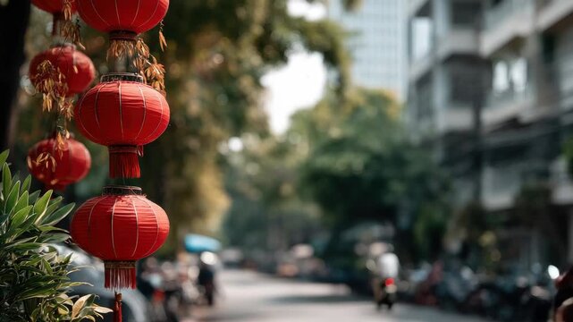 Red lanterns hang on a street in a city with buildings and parked motorcycles during the day in a busy urban area