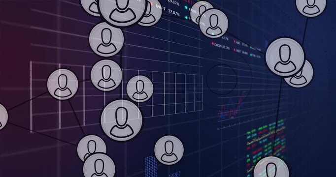 Animation of connected icons with multiple graphs and trading boards over black background