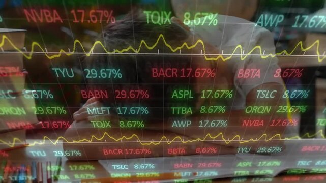Animation of financial data processing over schoolboy sleeping on desk