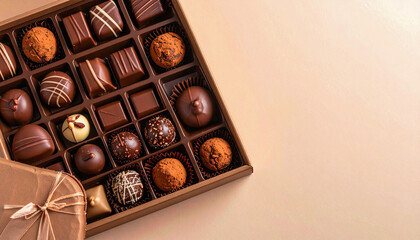 Box of assorted chocolate truffles on beige background with copy space for gift or valentine.