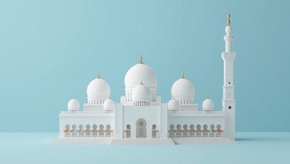 Obraz premium White mosque model with gold accents on light blue background miniature model domes