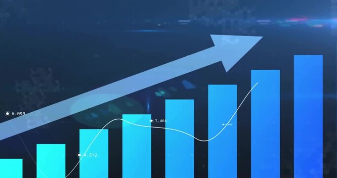 Animation of upward arrow and blue graph over processing data on blue background