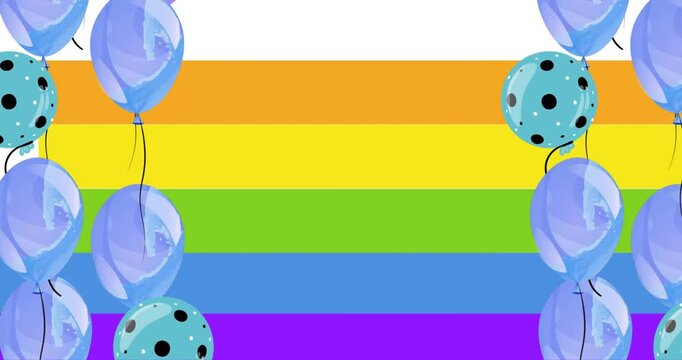 Animation of pride text with unicorn and balloons on rainbow background