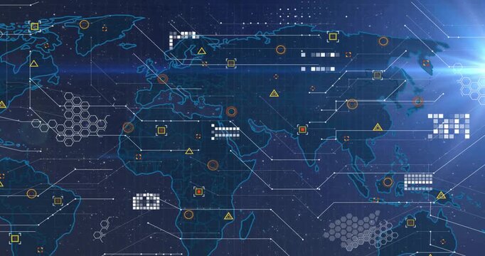 Animation of data processing over world map on dark background