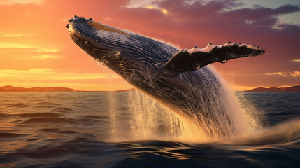 whale breaching the ocean surface, water splashing dramatically, golden sunset sky