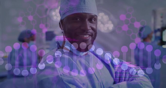 Animation of data processing and dna strand over diverse surgeons wearing face masks