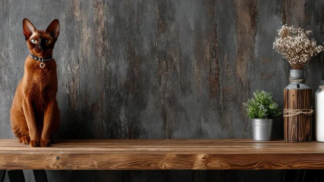 Orange cat sits on wooden table near flowers and plants against gray wall in modern home setting