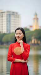赤いアオザイを着た女性が穏やかな湖畔で優雅に佇む美しい瞬間
