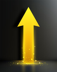 Yellow upward arrow with glowing golden sparkles on dark background, business growth success and financial achievement in minimalist 3d style