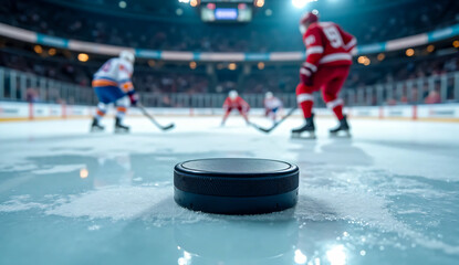 Fototapeta premium Close-up of a hockey puck on the ice during an exciting professional game. Blurred players in action emphasize the competitive spirit and thrill of the sport