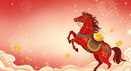 赤い馬が華麗に立ち上がり、金色のコインが輝く、おめでたいイラスト