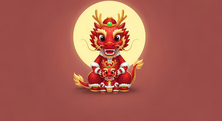 愛らしい赤い竜が満月の光を浴びて輝く、おめでたいイラストレーション