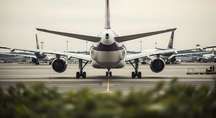 滑走路で静かに離陸を待つ飛行機、力強く空へ飛び立つ準備満タン！
